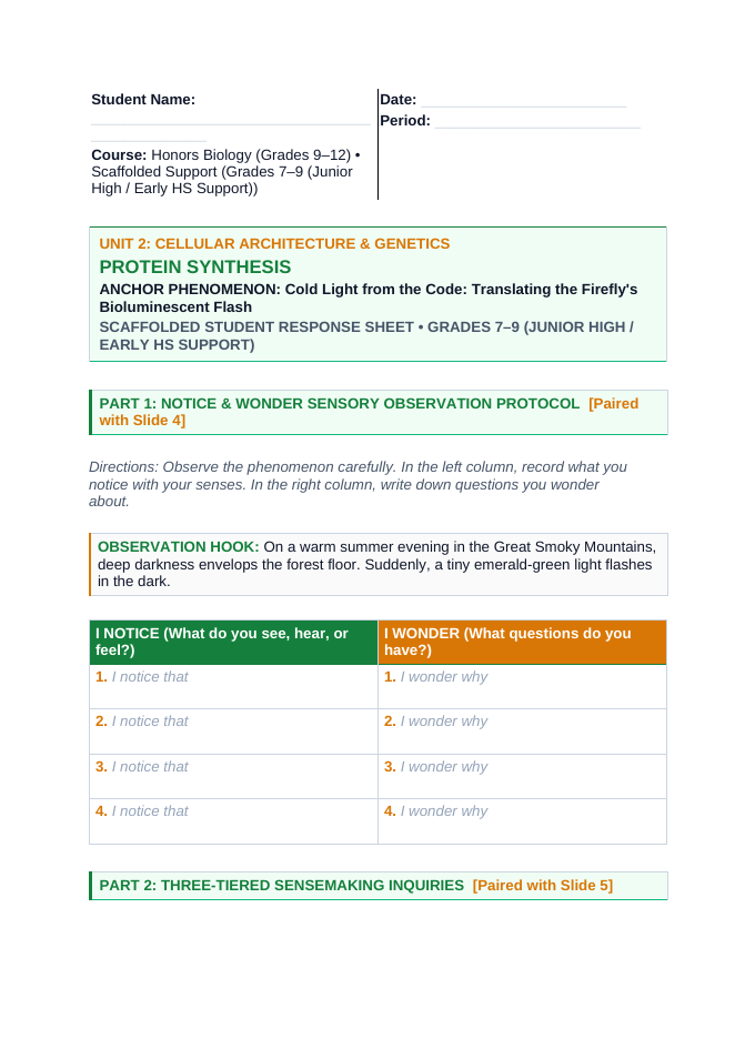 How Cells Make Proteins Scaffolded Phenomena-Based Lesson: Cold Light from the Code: Translating the Firefly's Bioluminescent Flash Student Response Sheet sample page