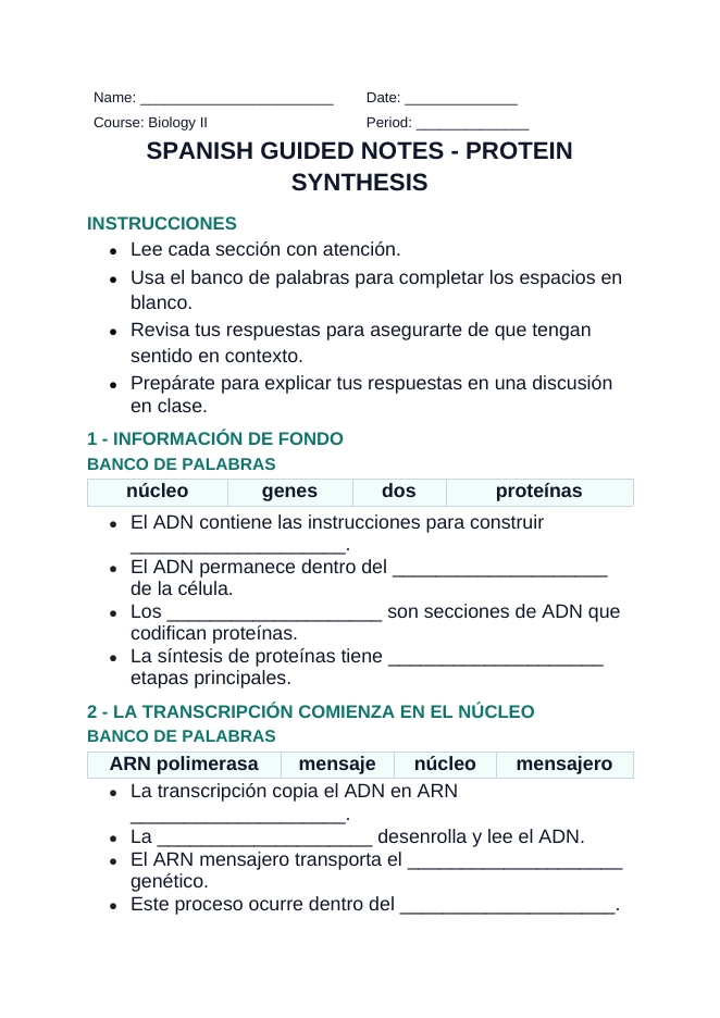 How Cells Make Proteins Spanish Guided Notes sample page