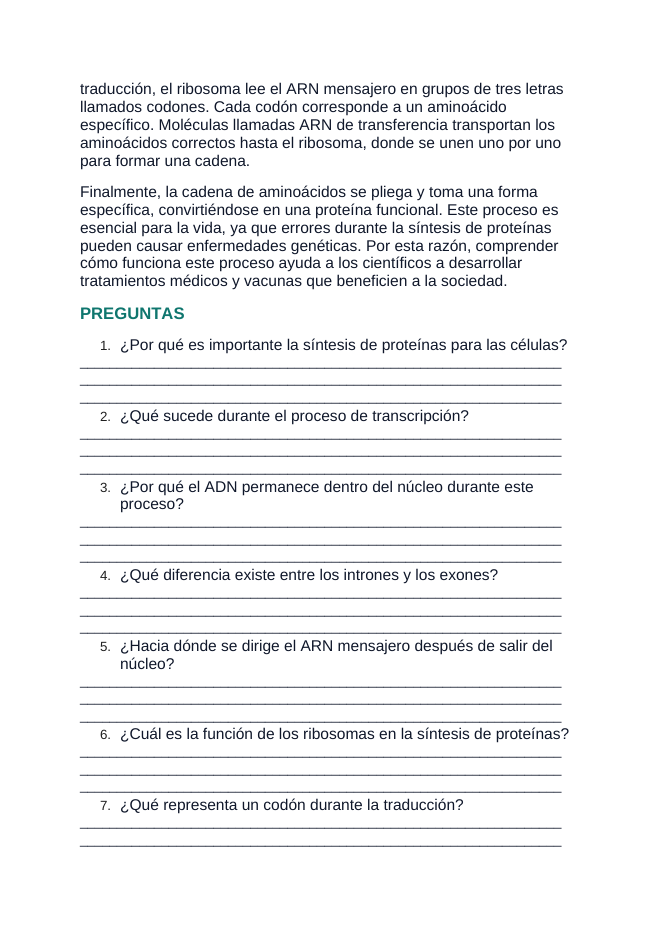 How Cells Make Proteins Spanish Reading Passage & Comprehension Questions sample page