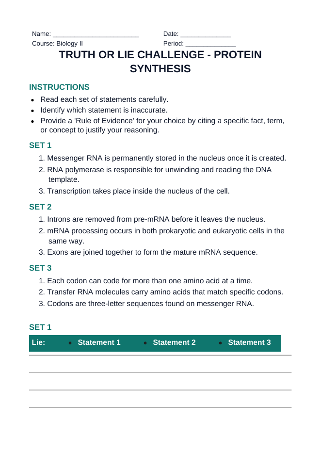 How Cells Make Proteins Truth or Lie Challenge sample page