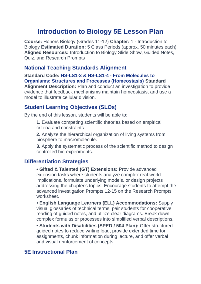 Introduction to Biology 5E Lesson Plan sample page