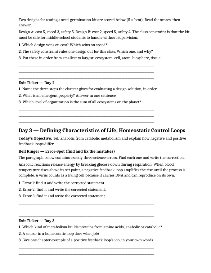 Introduction to Biology Bell Ringers & Exit Tickets sample page