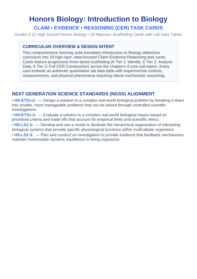 Introduction to Biology CER Task Cards sample page