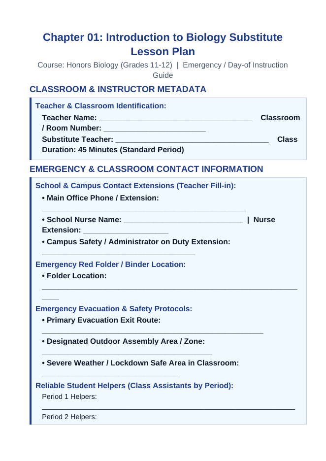 Introduction to Biology Substitute Lesson Plan sample page
