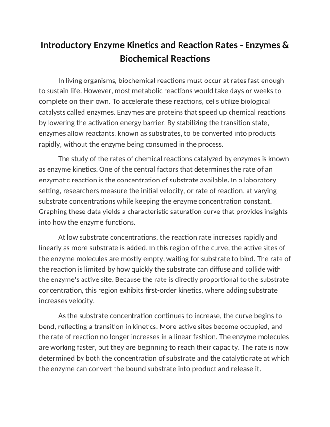 Introductory Enzyme Kinetics and Reaction Rates Reading Worksheet sample page
