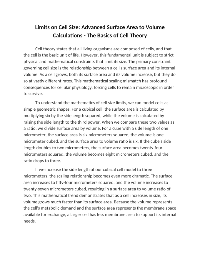 Limits on Cell Size: Advanced Surface Area to Volume Calculations Reading Worksheet sample page