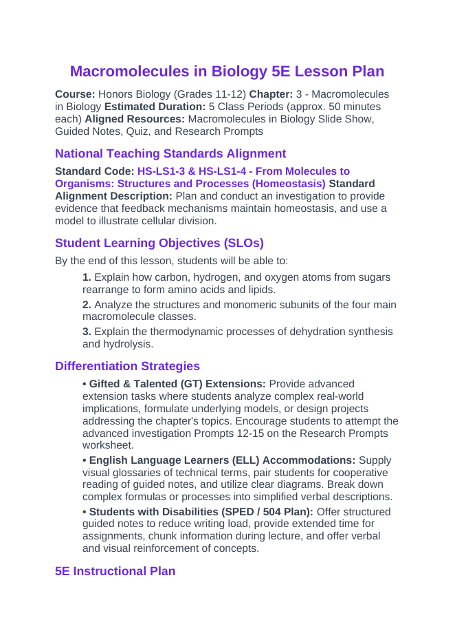 Macromolecules in Biology 5E Lesson Plan sample page