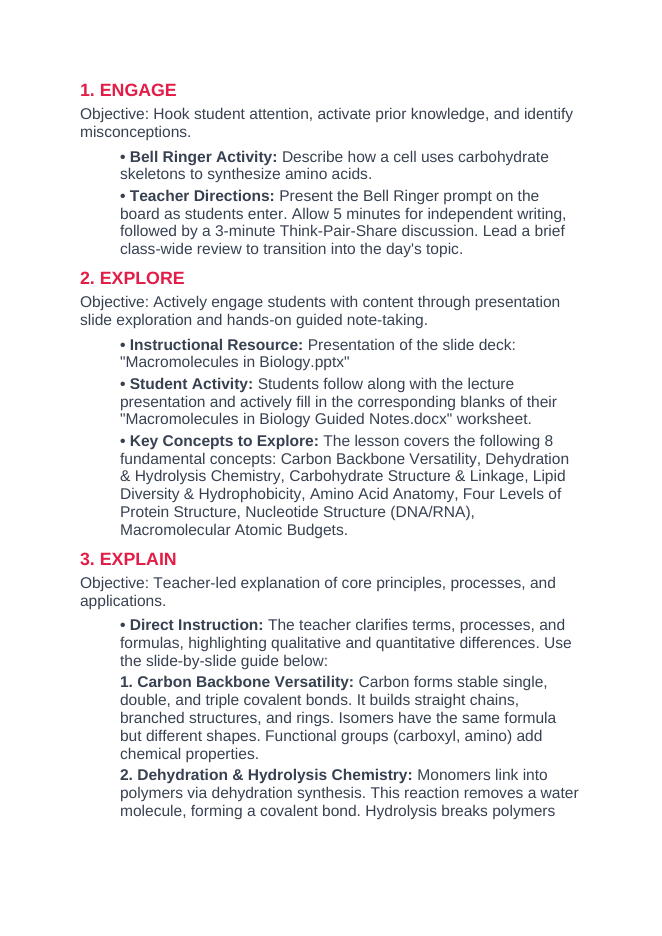 Macromolecules in Biology 5E Lesson Plan sample page