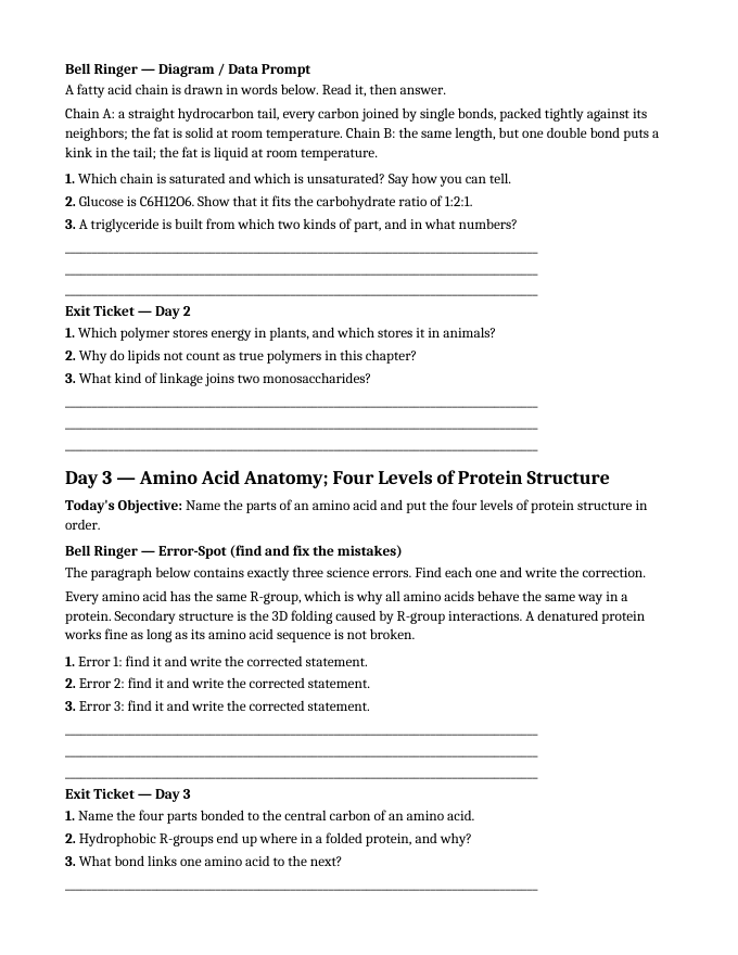 Macromolecules in Biology Bell Ringers & Exit Tickets sample page