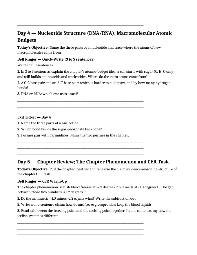 Macromolecules in Biology Bell Ringers & Exit Tickets sample page