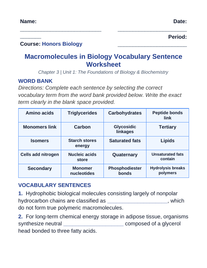 Macromolecules in Biology Fill-in-the-Blank Vocabulary Worksheet sample page