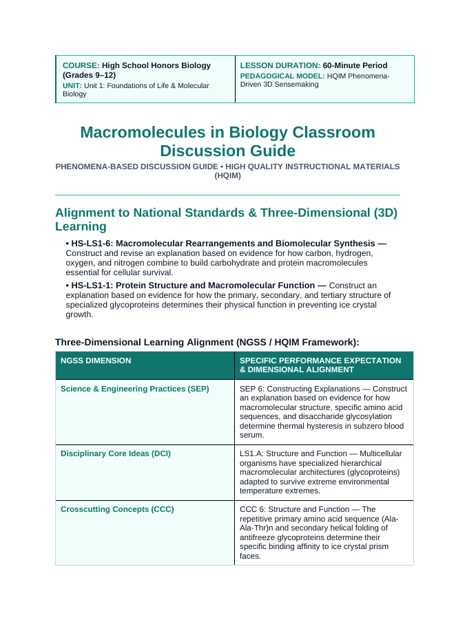 Macromolecules in Biology Phenomena-Based Lesson: The Ghost Fish of the Frozen Sea: Antifreeze Glycoprotein Lattice Binding Teacher Discussion Guide sample page