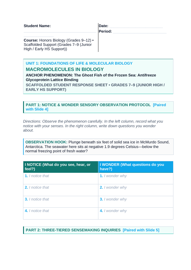 Macromolecules in Biology Scaffolded Phenomena-Based Lesson: The Ghost Fish of the Frozen Sea: Antifreeze Glycoprotein Lattice Binding Student Response Sheet sample page