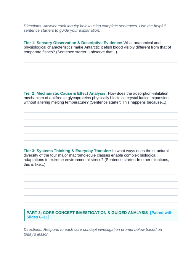 Macromolecules in Biology Scaffolded Phenomena-Based Lesson: The Ghost Fish of the Frozen Sea: Antifreeze Glycoprotein Lattice Binding Student Response Sheet sample page