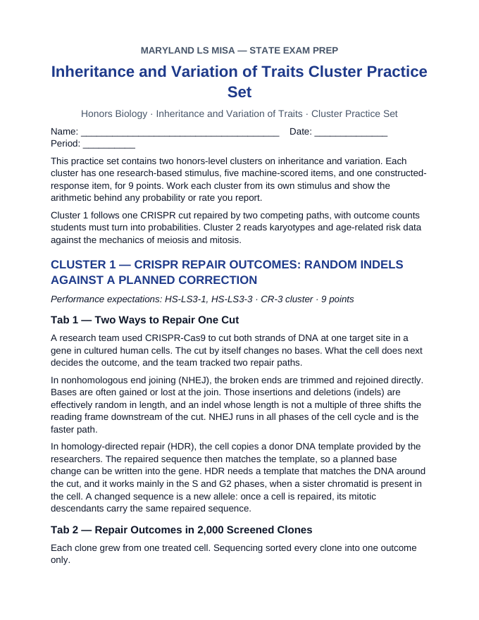 Maryland MISA Inheritance and Variation of Traits Cluster Practice Set sample page