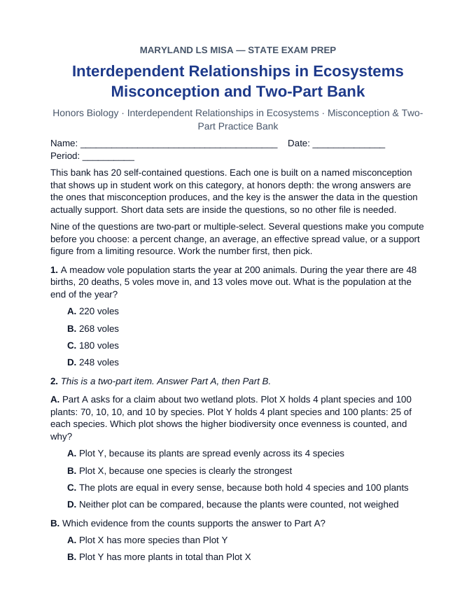 Maryland MISA Interdependent Relationships in Ecosystems Misconception & Two-Part Practice Bank sample page