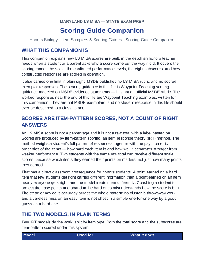 Maryland MISA Item Samplers & Scoring Guides Scoring Guide Companion sample page