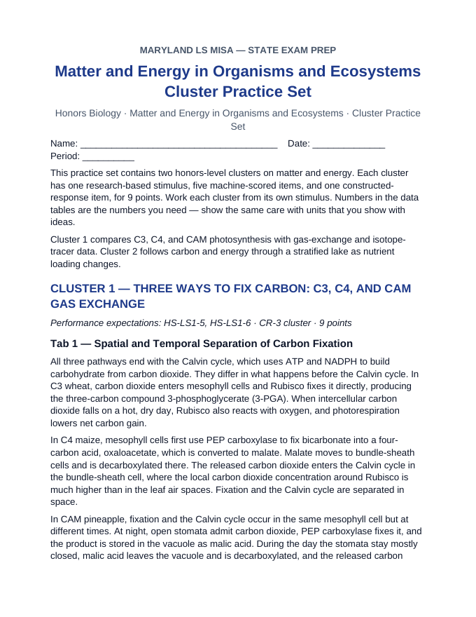 Maryland MISA Matter and Energy in Organisms and Ecosystems Cluster Practice Set sample page