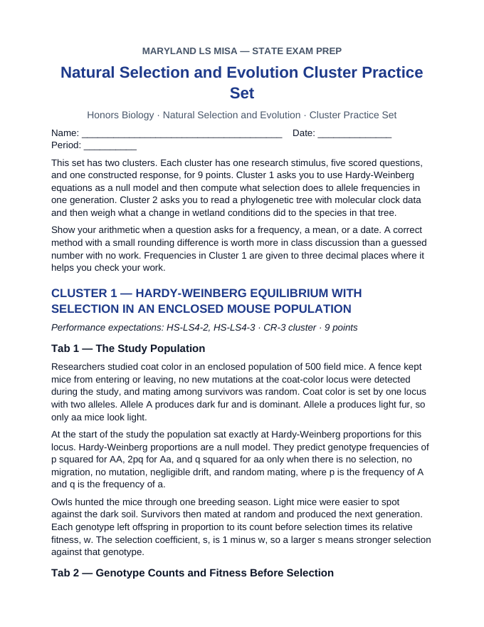 Maryland MISA Natural Selection and Evolution Cluster Practice Set sample page