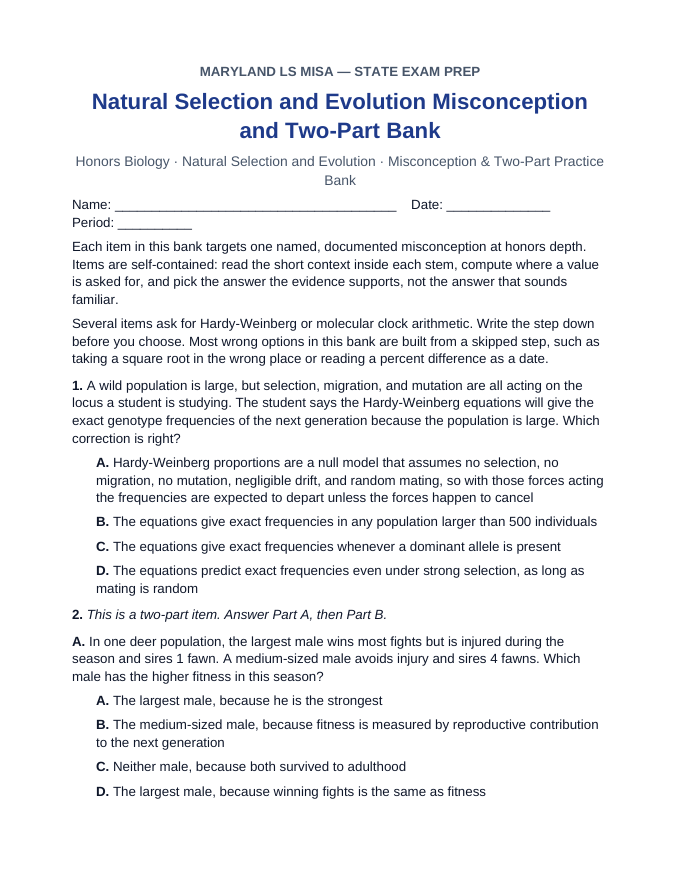 Maryland MISA Natural Selection and Evolution Misconception & Two-Part Practice Bank sample page