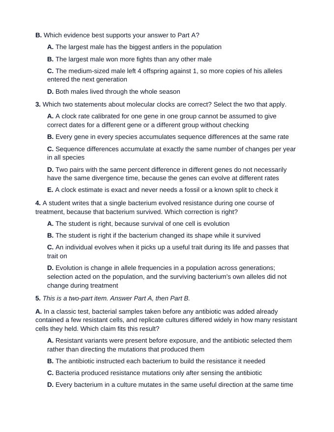 Maryland MISA Natural Selection and Evolution Misconception & Two-Part Practice Bank sample page