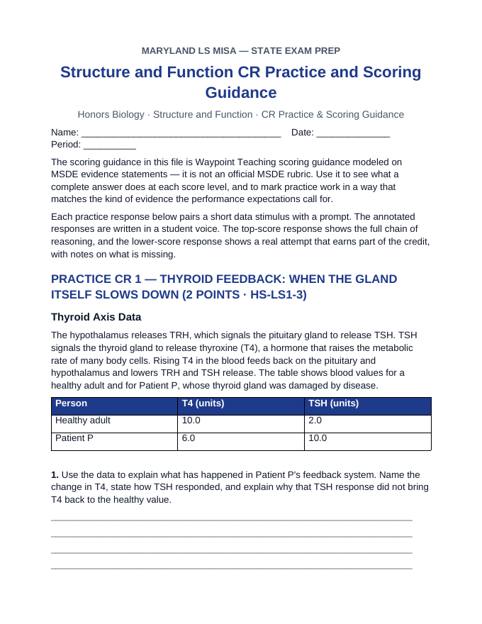 Maryland MISA Structure and Function CR Practice & Scoring Guidance sample page