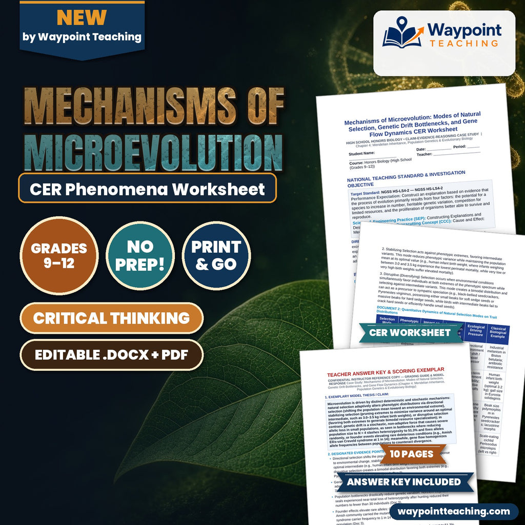 Mechanisms of Microevolution: Modes of Natural Selection, Genetic Drift Bottlenecks, and Gene Flow Dynamics CER Phenomena Worksheet cover