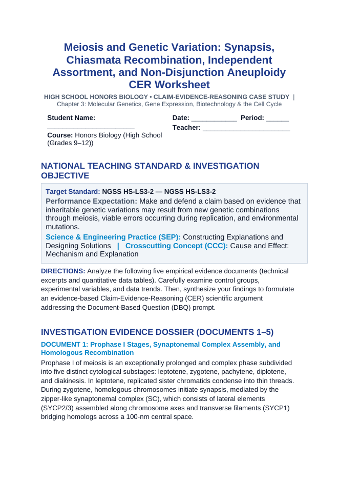 Meiosis and Genetic Variation: Synapsis, Chiasmata Recombination, Independent Assortment, and Non-Disjunction Aneuploidy CER Phenomena Worksheet sample page