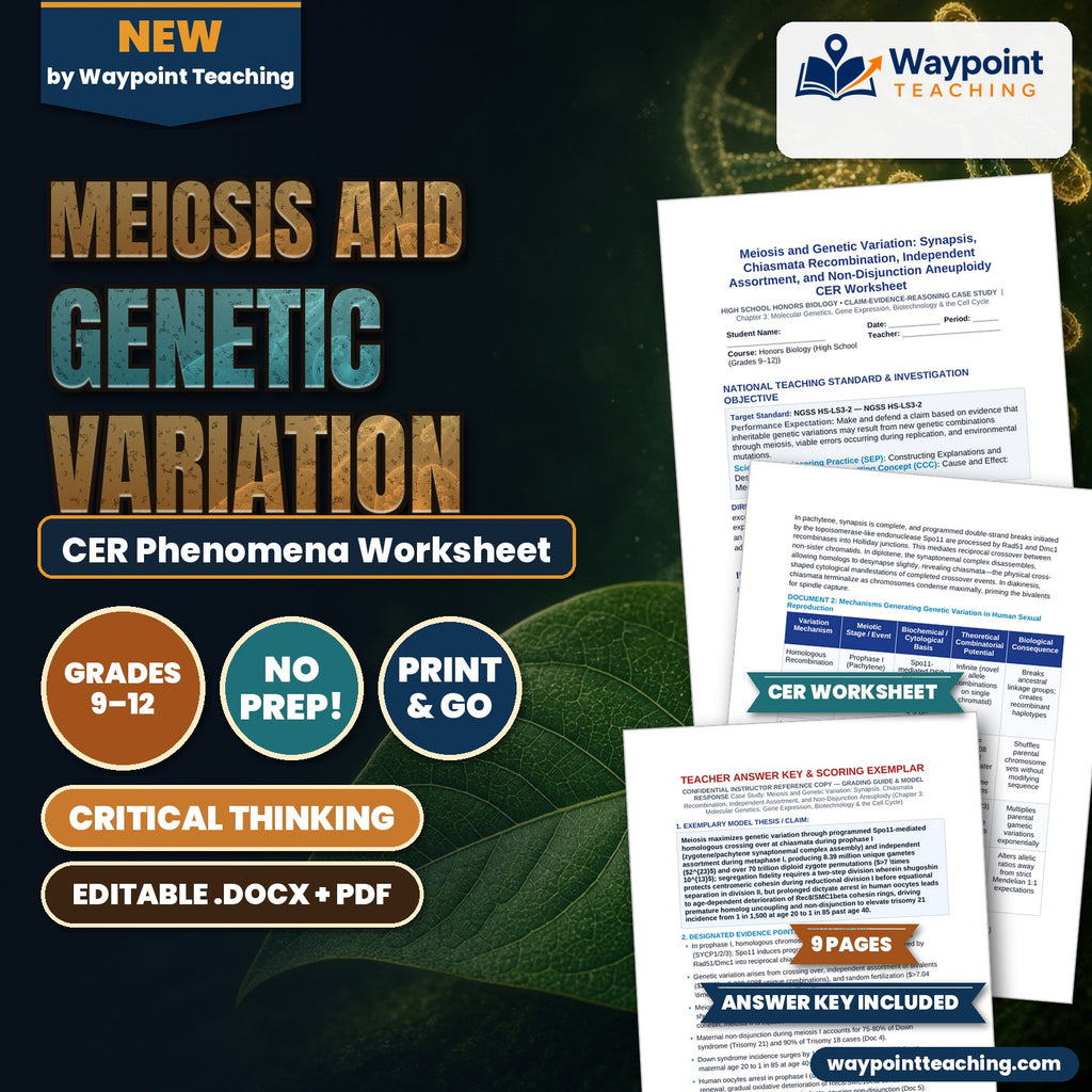 Meiosis and Genetic Variation: Synapsis, Chiasmata Recombination, Independent Assortment, and Non-Disjunction Aneuploidy CER Phenomena Worksheet cover
