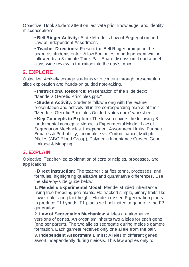 Mendel’s Genetic Principles 5E Lesson Plan sample page