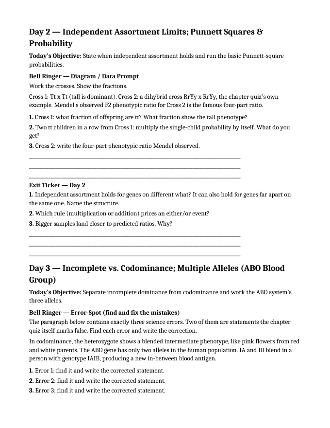 Mendel’s Genetic Principles Bell Ringers & Exit Tickets sample page