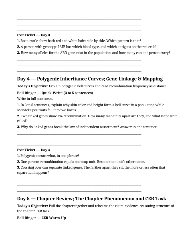 Mendel’s Genetic Principles Bell Ringers & Exit Tickets sample page