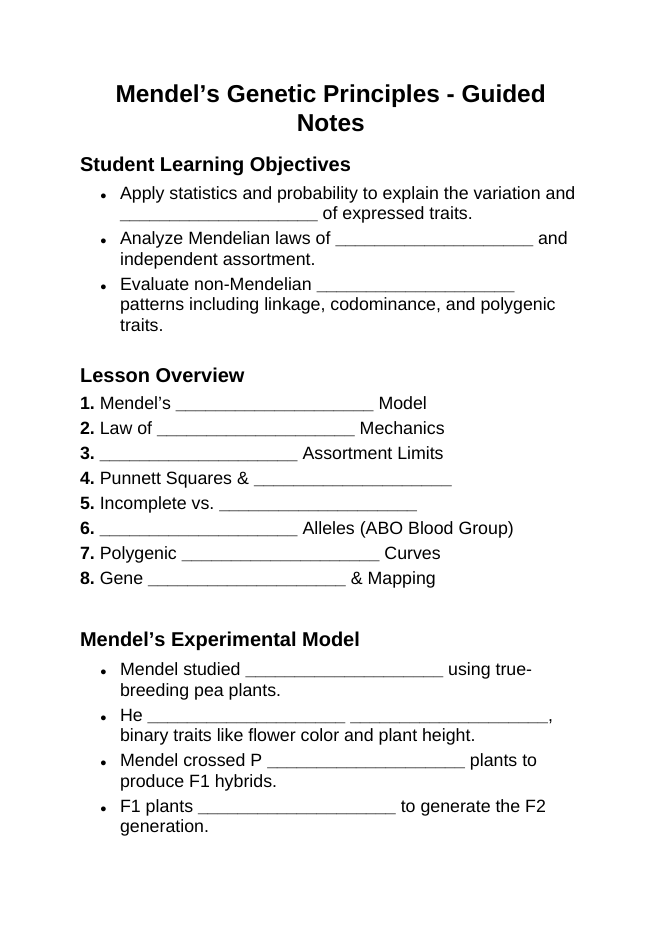 Mendel’s Genetic Principles Guided Notes sample page
