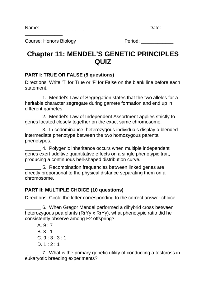 Mendel’s Genetic Principles Lesson Quiz sample page