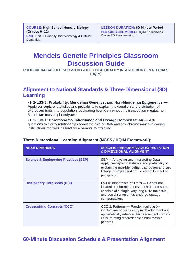 Mendel’s Genetic Principles Phenomena-Based Lesson: The Epigenetic Mosaic: Why Almost All Calico Cats Are Female Teacher Discussion Guide sample page