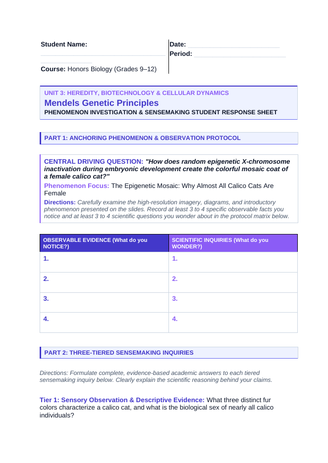 Mendel’s Genetic Principles Phenomena-Based Lesson: The Epigenetic Mosaic: Why Almost All Calico Cats Are Female Student Response Sheet sample page