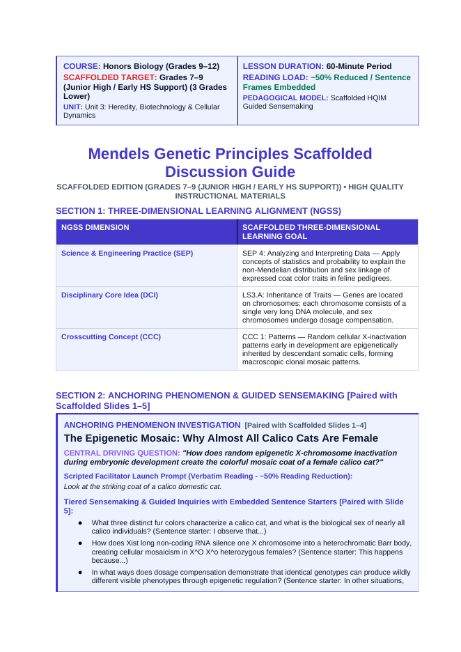 Mendel’s Genetic Principles Scaffolded Phenomena-Based Lesson: The Epigenetic Mosaic: Why Almost All Calico Cats Are Female Teacher Discussion Guide sample page