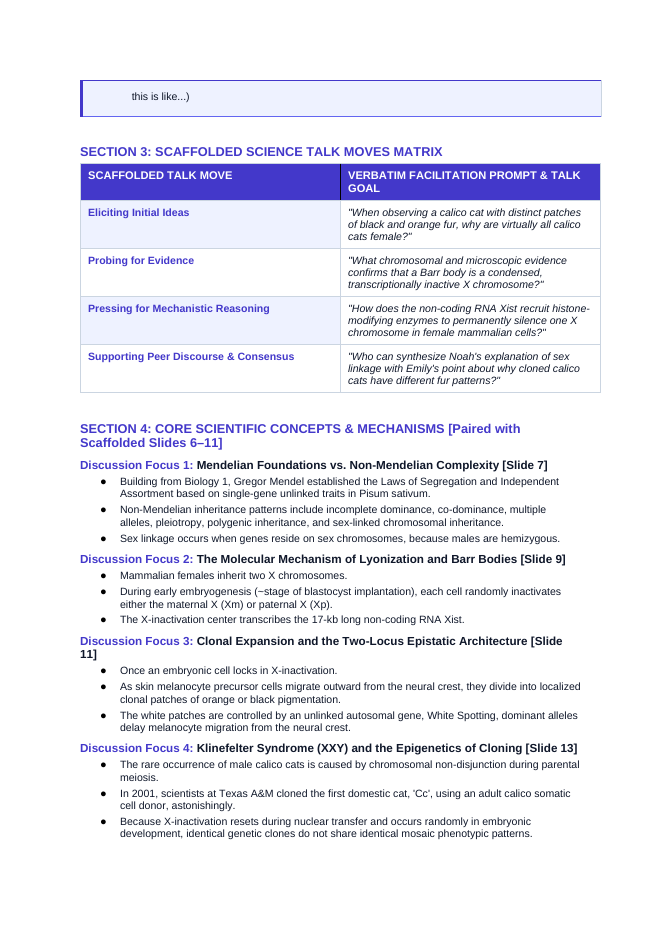 Mendel’s Genetic Principles Scaffolded Phenomena-Based Lesson: The Epigenetic Mosaic: Why Almost All Calico Cats Are Female Teacher Discussion Guide sample page