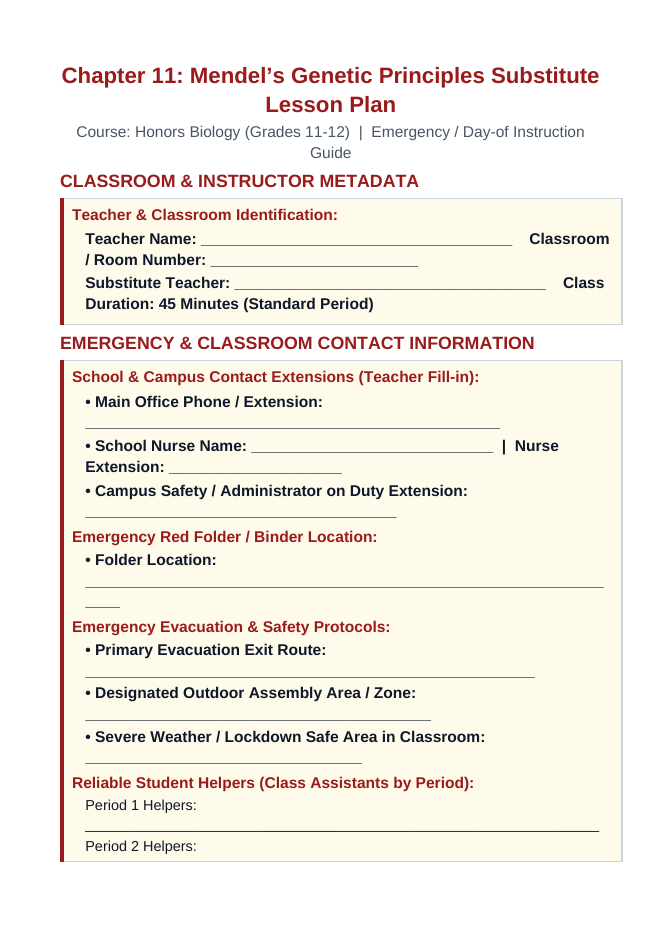 Mendel’s Genetic Principles Substitute Lesson Plan sample page