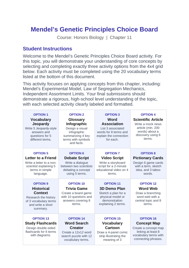 Mendel’s Genetic Principles Vocabulary Choice Board sample page