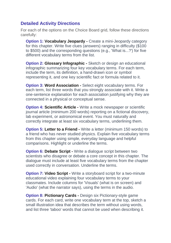 Mendel’s Genetic Principles Vocabulary Choice Board sample page