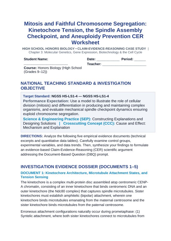 Mitosis and Faithful Chromosome Segregation: Kinetochore Tension, the Spindle Assembly Checkpoint, and Aneuploidy Prevention CER Phenomena Worksheet sample page