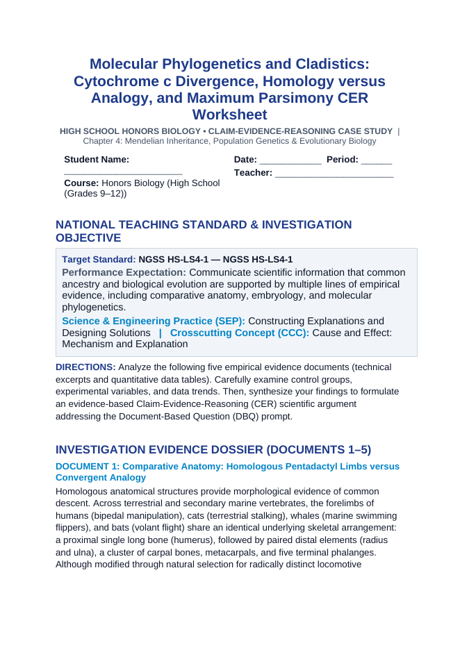 Molecular Phylogenetics and Cladistics: Cytochrome c Divergence, Homology versus Analogy, and Maximum Parsimony CER Phenomena Worksheet sample page