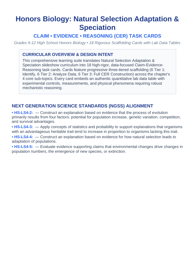 Natural Selection, Adaptation, & Speciation CER Task Cards sample page