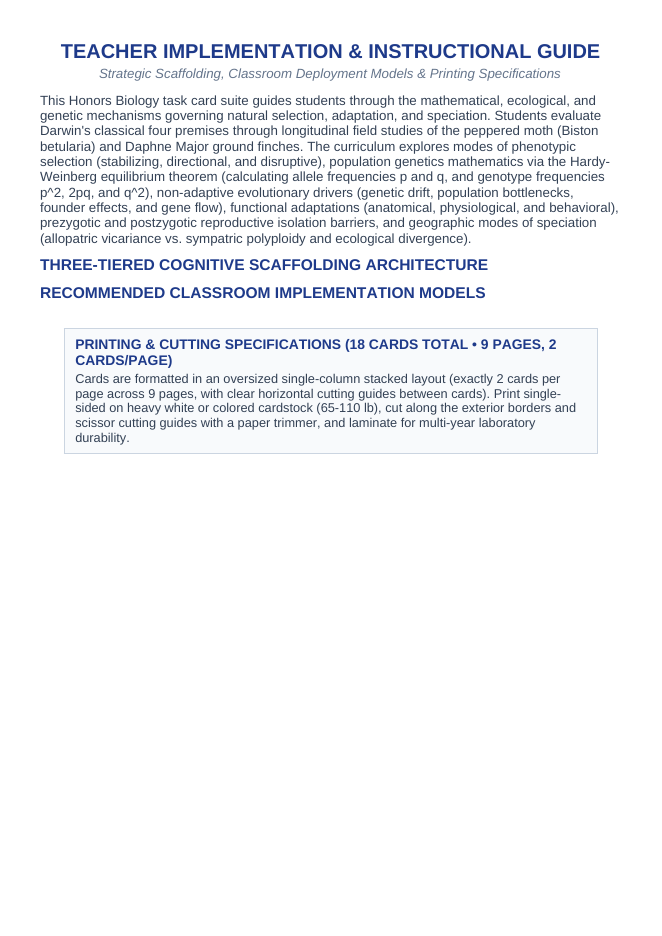 Natural Selection, Adaptation, & Speciation CER Task Cards sample page