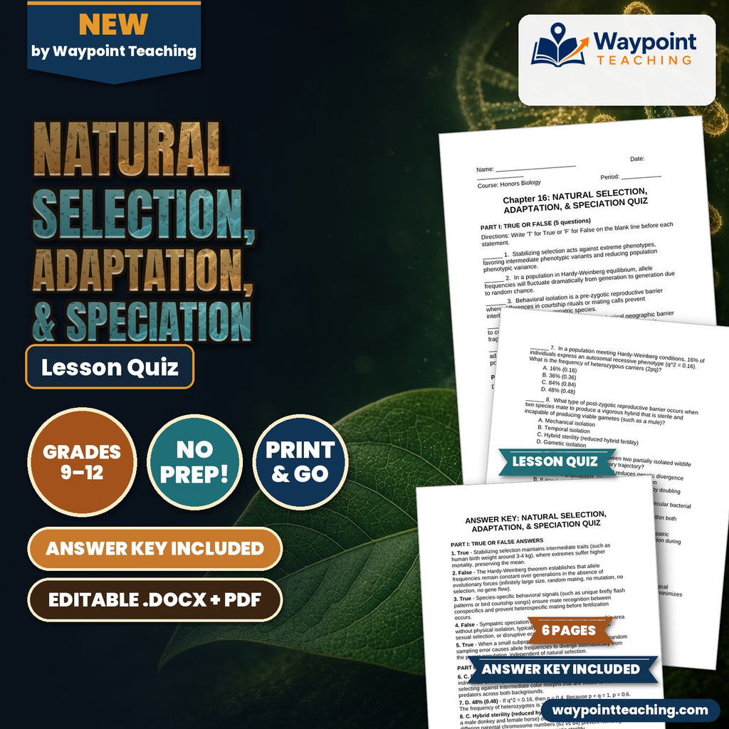 Natural Selection, Adaptation, & Speciation Lesson Quiz cover
