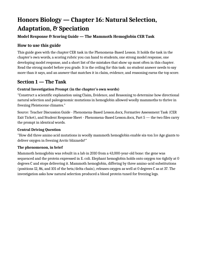 Natural Selection, Adaptation, & Speciation Model Response & Scoring Guide sample page