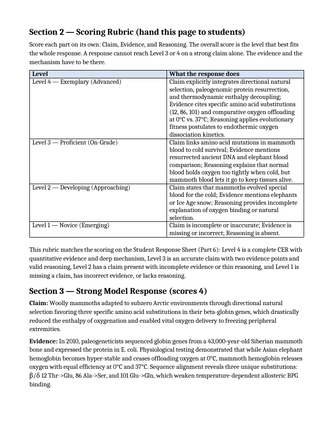 Natural Selection, Adaptation, & Speciation Model Response & Scoring Guide sample page