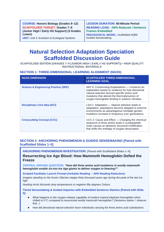 Natural Selection, Adaptation, & Speciation Scaffolded Phenomena-Based Lesson: Resurrecting Ice Age Blood: How Mammoth Hemoglobin Defied the Freeze Teacher Discussion Guide sample page