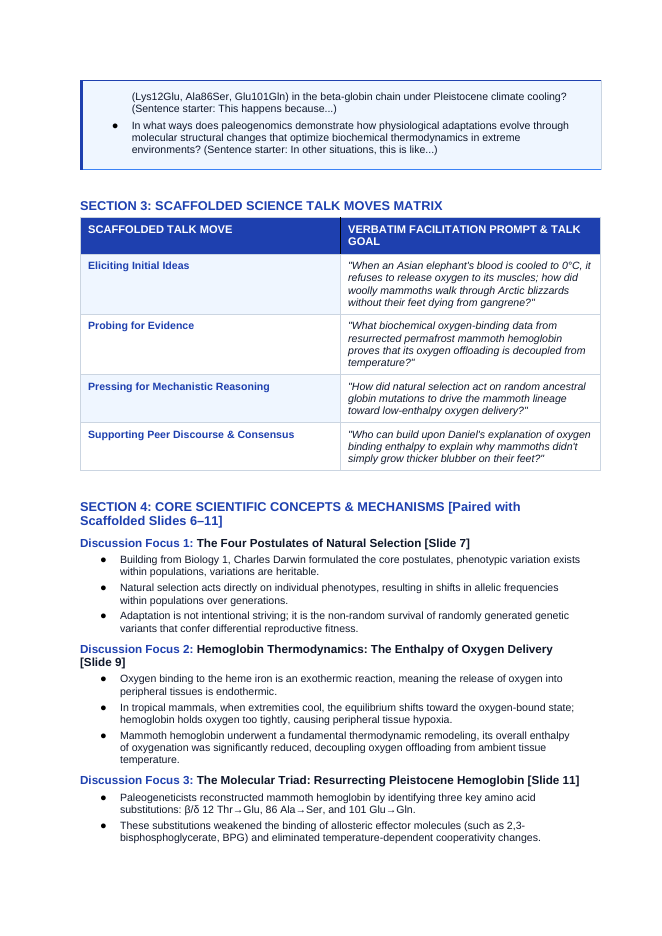 Natural Selection, Adaptation, & Speciation Scaffolded Phenomena-Based Lesson: Resurrecting Ice Age Blood: How Mammoth Hemoglobin Defied the Freeze Teacher Discussion Guide sample page